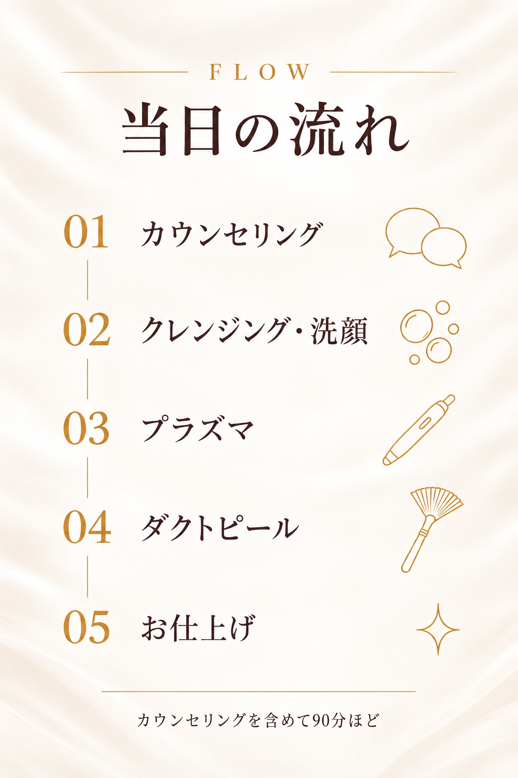 当日の流れ。01 カウンセリング、02 クレンジング・洗顔、03 プラズマ、04 ダクトピール、05 お仕上げ。カウンセリングを含めて90分ほど。